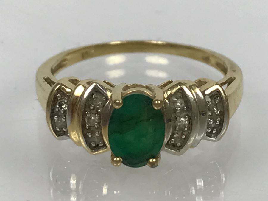 JUST ADDED - 14K Yellow Gold Emerald And Diamond Ring Commercial Quality 2.5g FMV $100 [Photo 4]