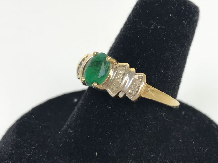 JUST ADDED - 14K Yellow Gold Emerald And Diamond Ring Commercial Quality 2.5g FMV $100 [Photo 3]