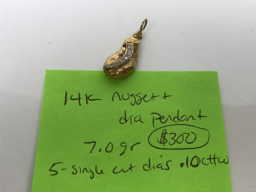 14K Yellow Gold Nugget Diamond Pendant 7g 5-Single Cut Diamonds .10CTTW FMV $300 [Photo 14]