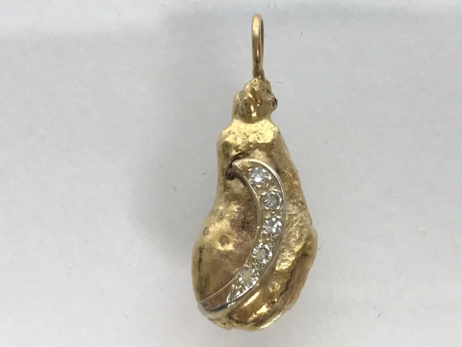 14K Yellow Gold Nugget Diamond Pendant 7g 5-Single Cut Diamonds .10CTTW FMV $300