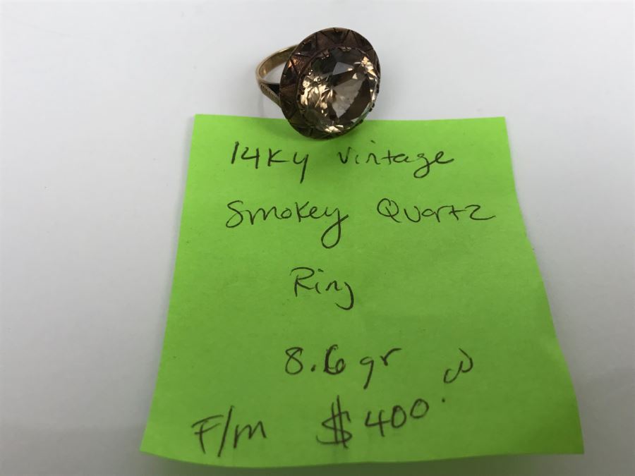 JUST ADDED - Large 14K Gold Vintage Smokey Quartz Ring 8.6g FMV $400 [Photo 18]