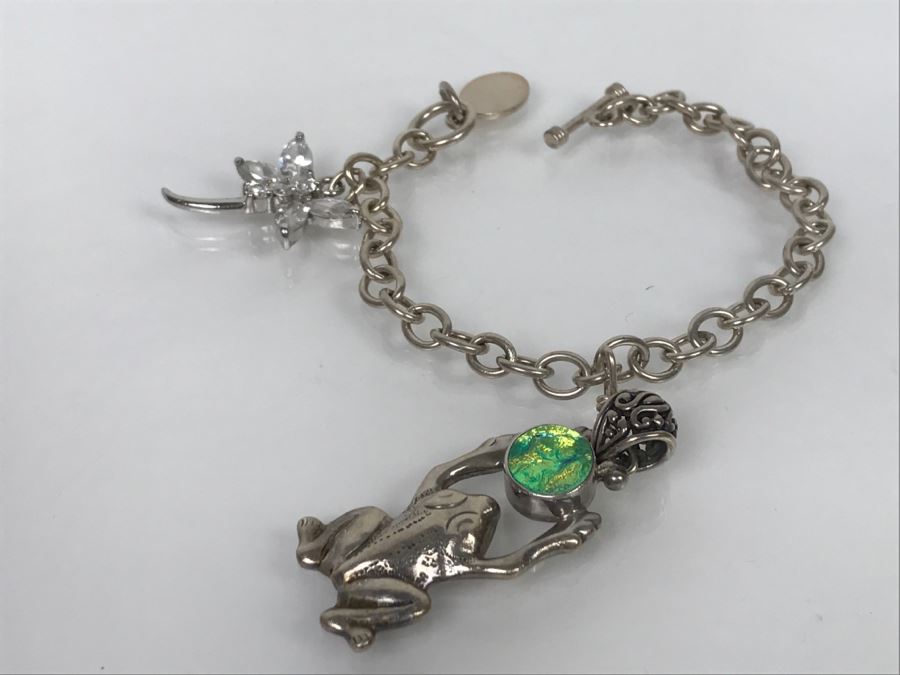 JUST ADDED - Sterling Silver Charm Bracelet (Dragonfly Not Silver) 33.9g FMV $50