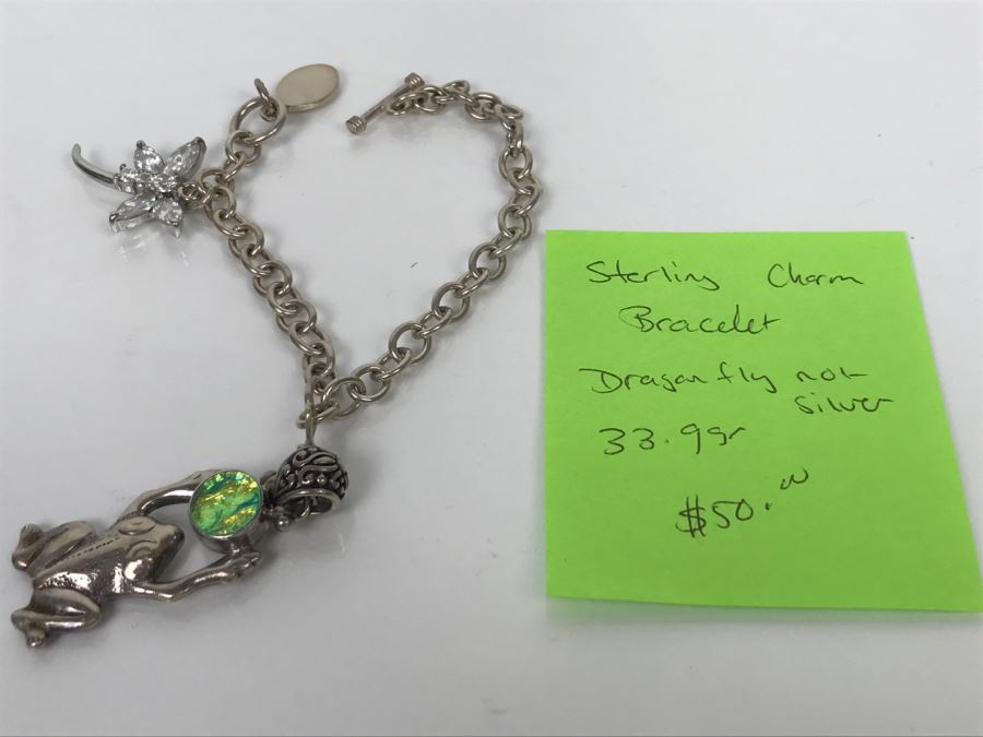JUST ADDED - Sterling Silver Charm Bracelet (Dragonfly Not Silver) 33.9g FMV $50 [Photo 7]