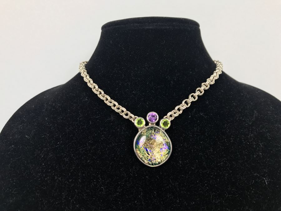 JUST ADDED - Chunky Sterling Silver Chain With Amethyst, Peridot And Assembled Stone Pendant 55.5g FMV $150 [Photo 1]