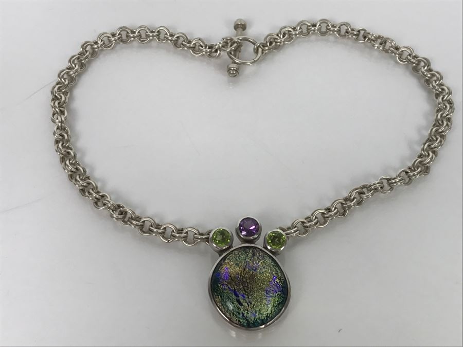 JUST ADDED - Chunky Sterling Silver Chain With Amethyst, Peridot And Assembled Stone Pendant 55.5g FMV $150 [Photo 3]