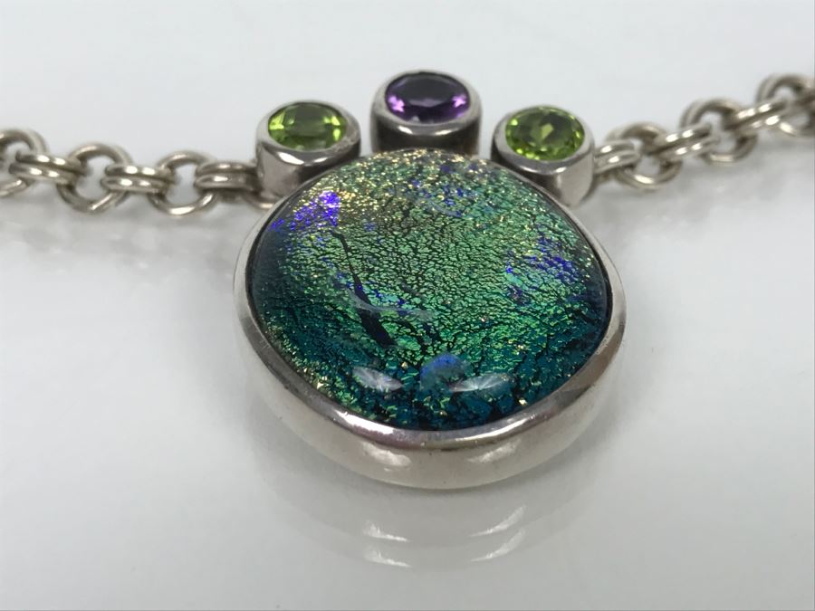 JUST ADDED - Chunky Sterling Silver Chain With Amethyst, Peridot And Assembled Stone Pendant 55.5g FMV $150 [Photo 7]