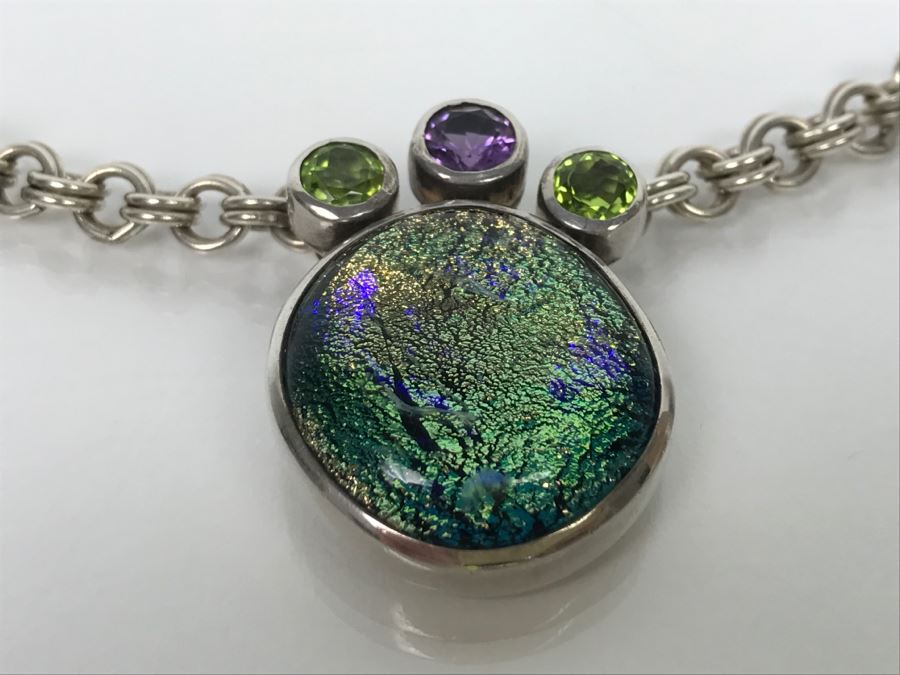 JUST ADDED - Chunky Sterling Silver Chain With Amethyst, Peridot And Assembled Stone Pendant 55.5g FMV $150 [Photo 6]