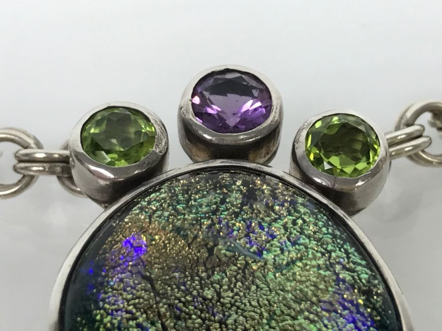 JUST ADDED - Chunky Sterling Silver Chain With Amethyst, Peridot And Assembled Stone Pendant 55.5g FMV $150 [Photo 8]