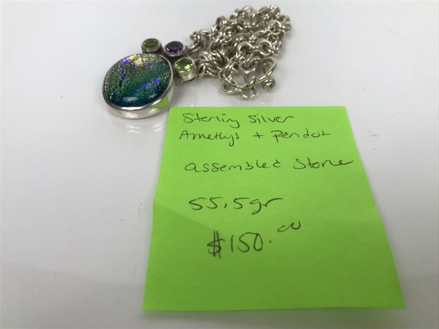 JUST ADDED - Chunky Sterling Silver Chain With Amethyst, Peridot And Assembled Stone Pendant 55.5g FMV $150 [Photo 12]
