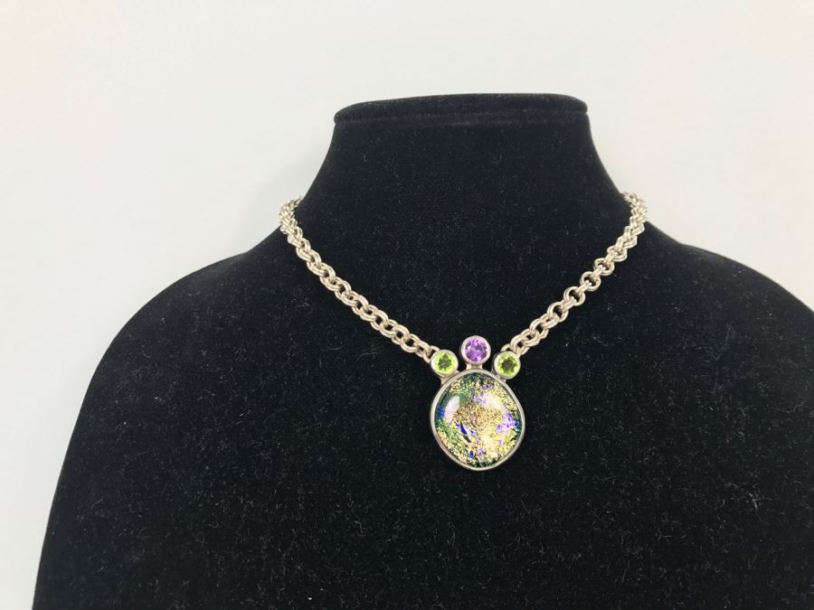 JUST ADDED - Chunky Sterling Silver Chain With Amethyst, Peridot And Assembled Stone Pendant 55.5g FMV $150 [Photo 10]