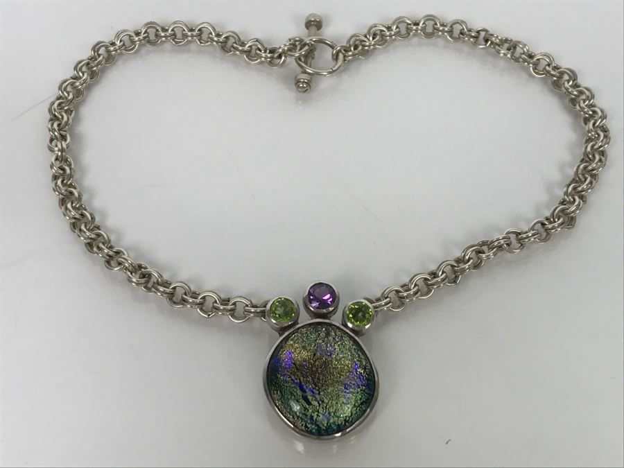 JUST ADDED - Chunky Sterling Silver Chain With Amethyst, Peridot And Assembled Stone Pendant 55.5g FMV $150 [Photo 4]