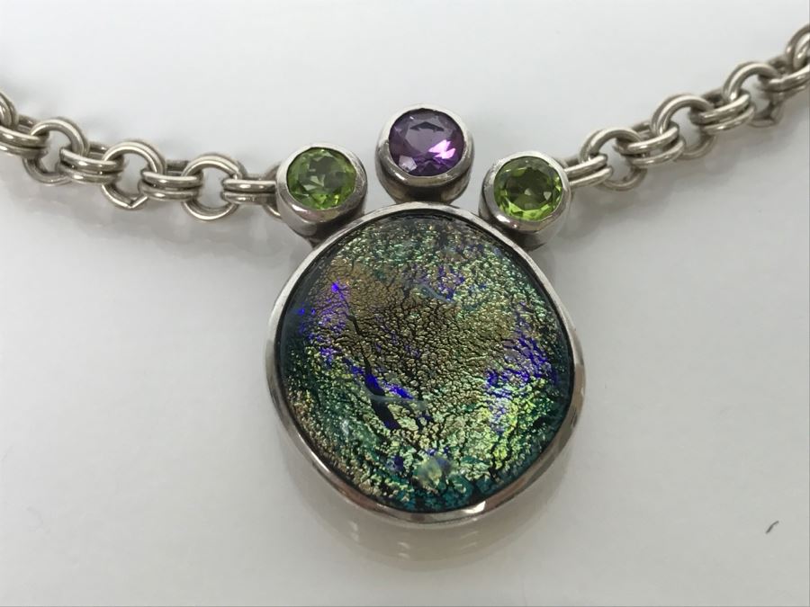 JUST ADDED - Chunky Sterling Silver Chain With Amethyst, Peridot And Assembled Stone Pendant 55.5g FMV $150 [Photo 5]