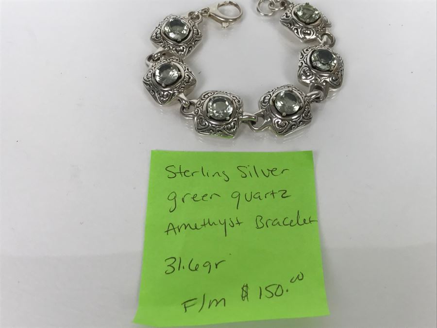 JUST ADDED - Sterling Silver Green Quartz Amethyst Bracelet 31.6g FMV $150 [Photo 8]