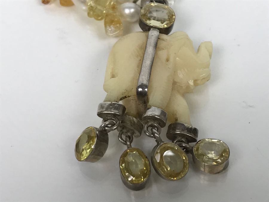JUST ADDED - Carved Stone Elephant Sterling Silver Pendant With Citrine Quartz Freshwater Pearl And Swarovski Crystal Necklace FMV $150 [Photo 4]