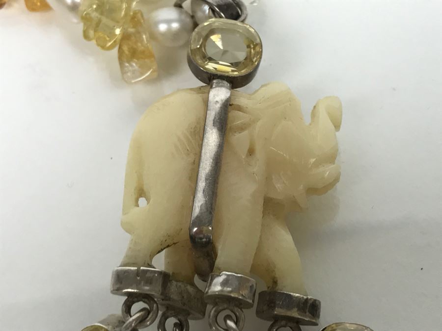 JUST ADDED - Carved Stone Elephant Sterling Silver Pendant With Citrine Quartz Freshwater Pearl And Swarovski Crystal Necklace FMV $150 [Photo 7]