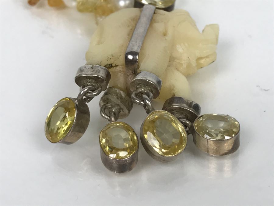 JUST ADDED - Carved Stone Elephant Sterling Silver Pendant With Citrine Quartz Freshwater Pearl And Swarovski Crystal Necklace FMV $150 [Photo 6]