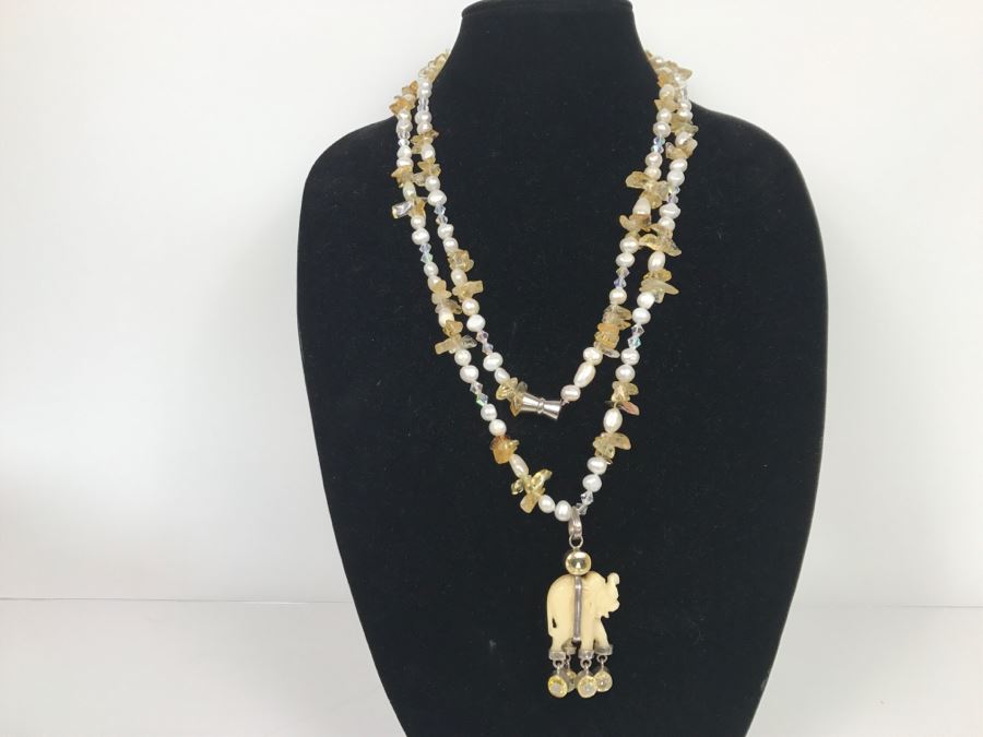 JUST ADDED - Carved Stone Elephant Sterling Silver Pendant With Citrine Quartz Freshwater Pearl And Swarovski Crystal Necklace FMV $150 [Photo 2]
