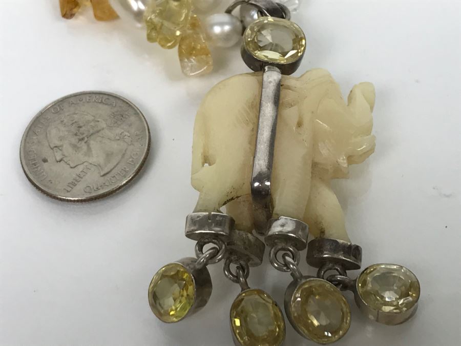 JUST ADDED - Carved Stone Elephant Sterling Silver Pendant With Citrine Quartz Freshwater Pearl And Swarovski Crystal Necklace FMV $150 [Photo 9]