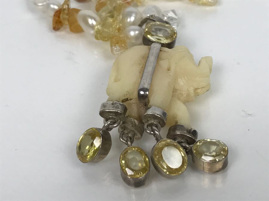 JUST ADDED - Carved Stone Elephant Sterling Silver Pendant With Citrine Quartz Freshwater Pearl And Swarovski Crystal Necklace FMV $150 [Photo 5]