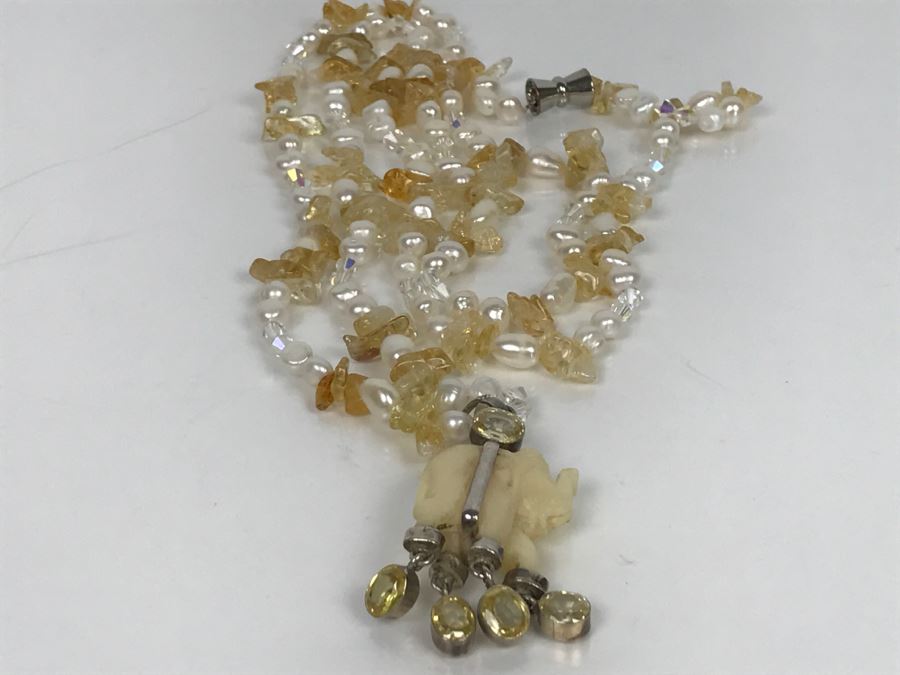 JUST ADDED - Carved Stone Elephant Sterling Silver Pendant With Citrine Quartz Freshwater Pearl And Swarovski Crystal Necklace FMV $150 [Photo 12]