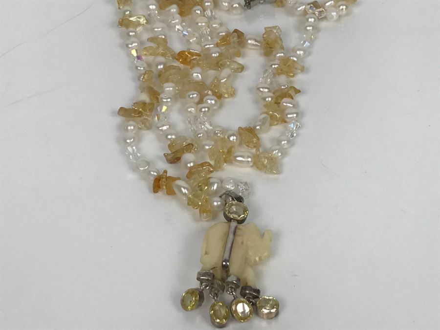JUST ADDED - Carved Stone Elephant Sterling Silver Pendant With Citrine Quartz Freshwater Pearl And Swarovski Crystal Necklace FMV $150 [Photo 13]