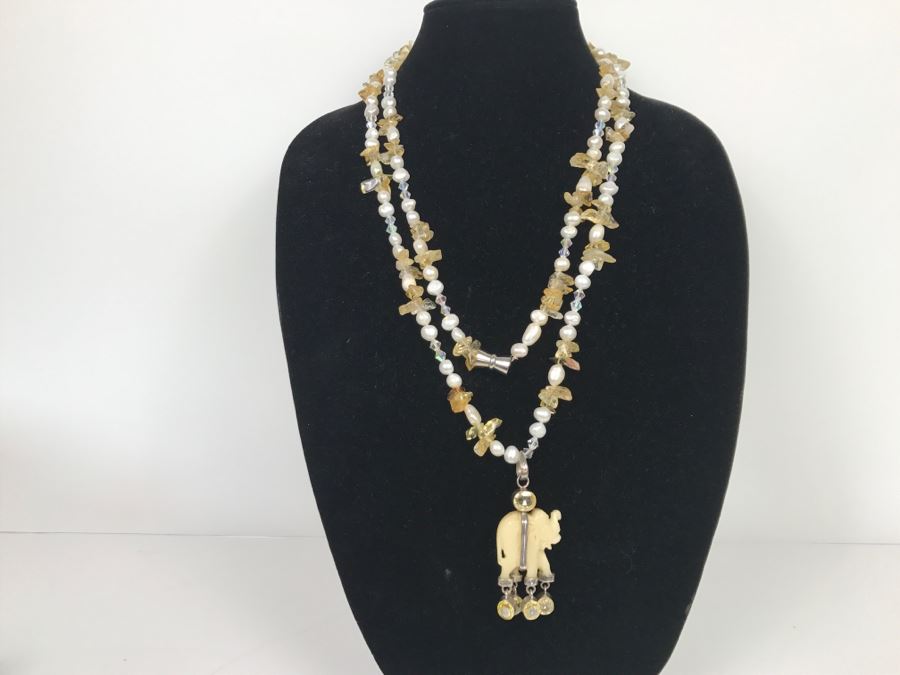 JUST ADDED - Carved Stone Elephant Sterling Silver Pendant With Citrine Quartz Freshwater Pearl And Swarovski Crystal Necklace FMV $150 [Photo 1]