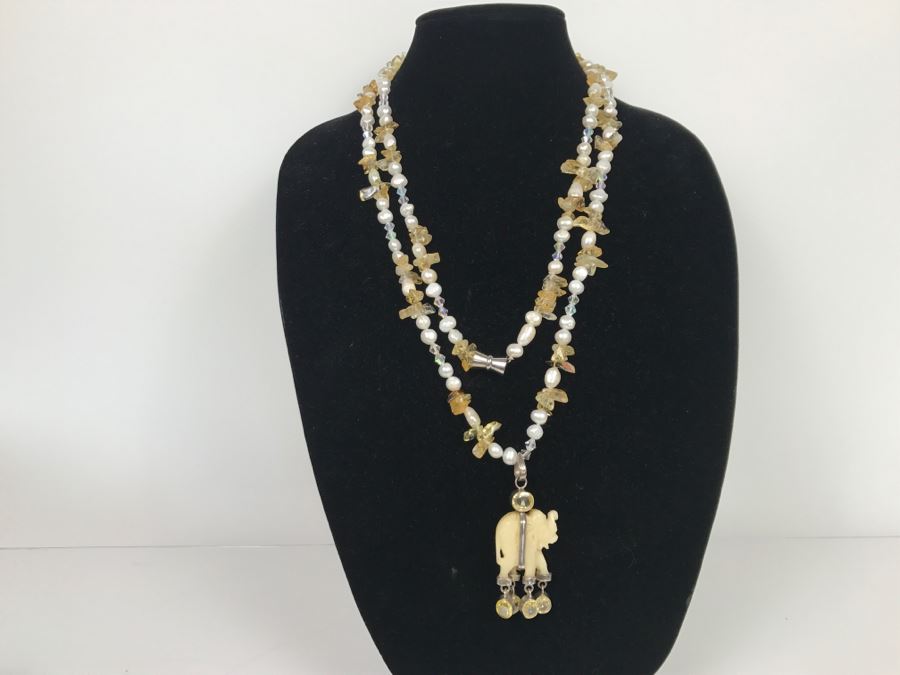 JUST ADDED - Carved Stone Elephant Sterling Silver Pendant With Citrine Quartz Freshwater Pearl And Swarovski Crystal Necklace FMV $150 [Photo 3]