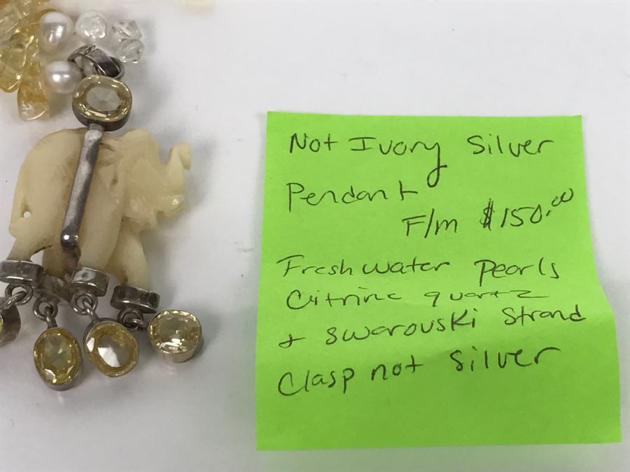 JUST ADDED - Carved Stone Elephant Sterling Silver Pendant With Citrine Quartz Freshwater Pearl And Swarovski Crystal Necklace FMV $150 [Photo 14]