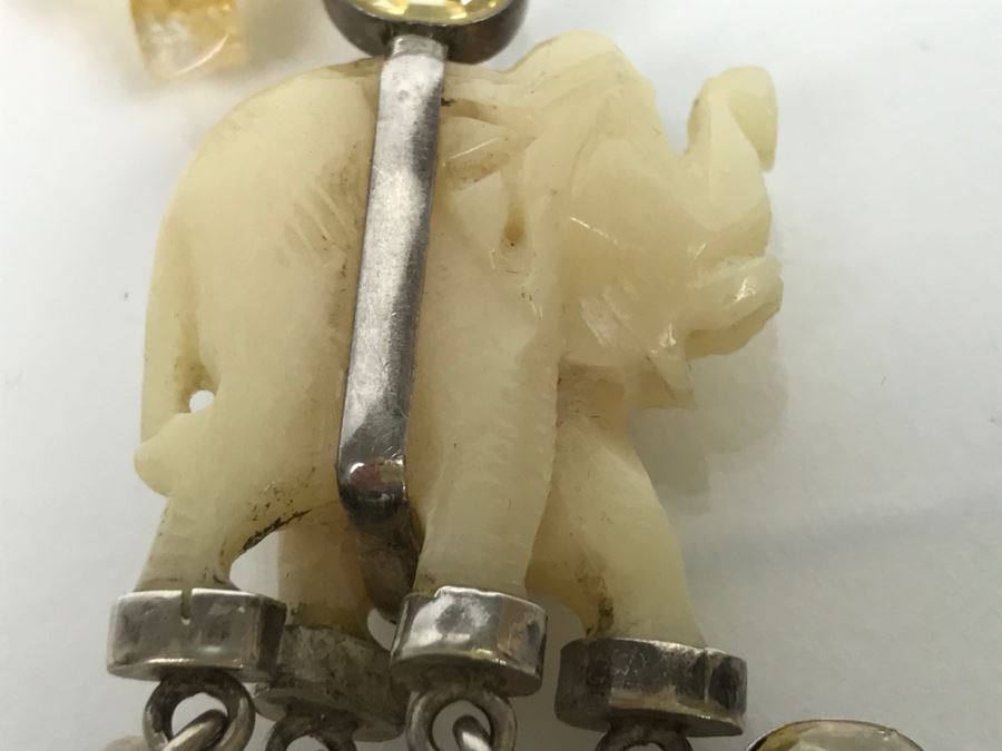 JUST ADDED - Carved Stone Elephant Sterling Silver Pendant With Citrine Quartz Freshwater Pearl And Swarovski Crystal Necklace FMV $150 [Photo 8]