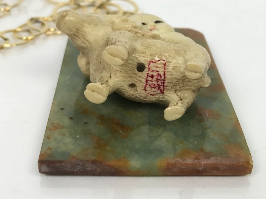 JUST ADDED - Signed Asian Painted Figure On Unidentified Stone With Gold Plated Chain [Photo 7]