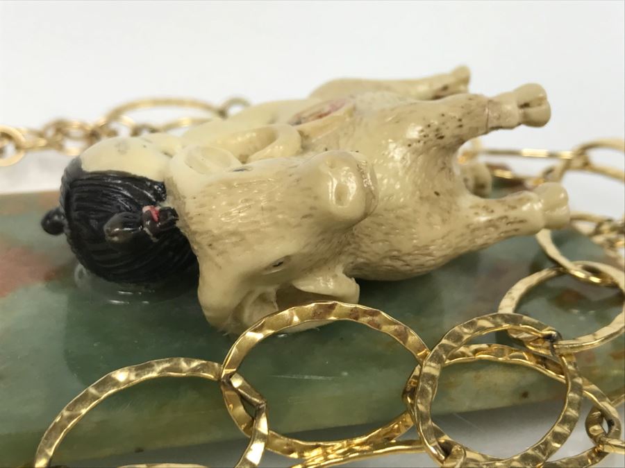 JUST ADDED - Signed Asian Painted Figure On Unidentified Stone With Gold Plated Chain [Photo 9]