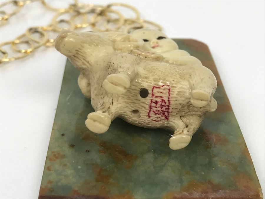 JUST ADDED - Signed Asian Painted Figure On Unidentified Stone With Gold Plated Chain [Photo 6]