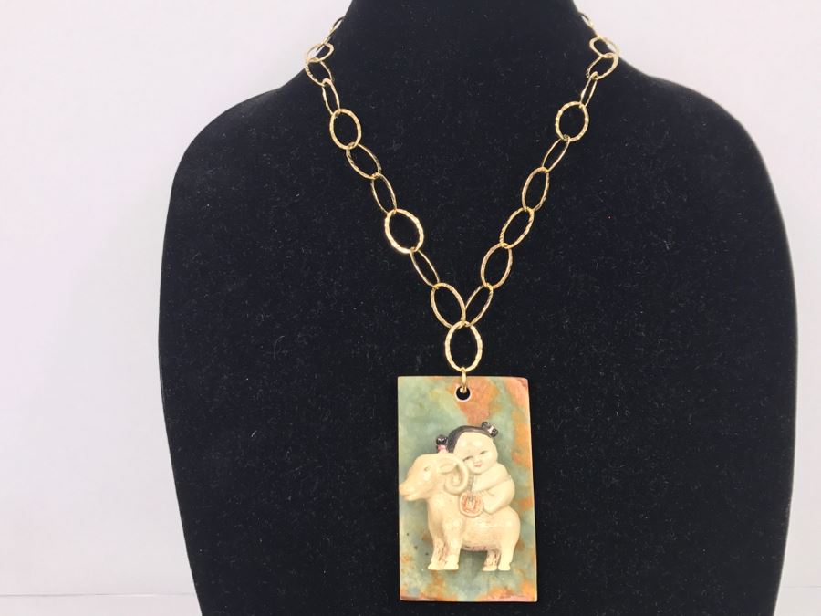 JUST ADDED - Signed Asian Painted Figure On Unidentified Stone With Gold Plated Chain [Photo 1]