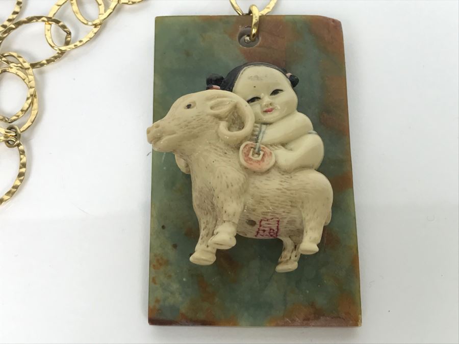 JUST ADDED - Signed Asian Painted Figure On Unidentified Stone With Gold Plated Chain [Photo 5]