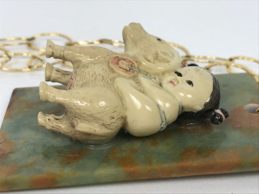 JUST ADDED - Signed Asian Painted Figure On Unidentified Stone With Gold Plated Chain [Photo 8]