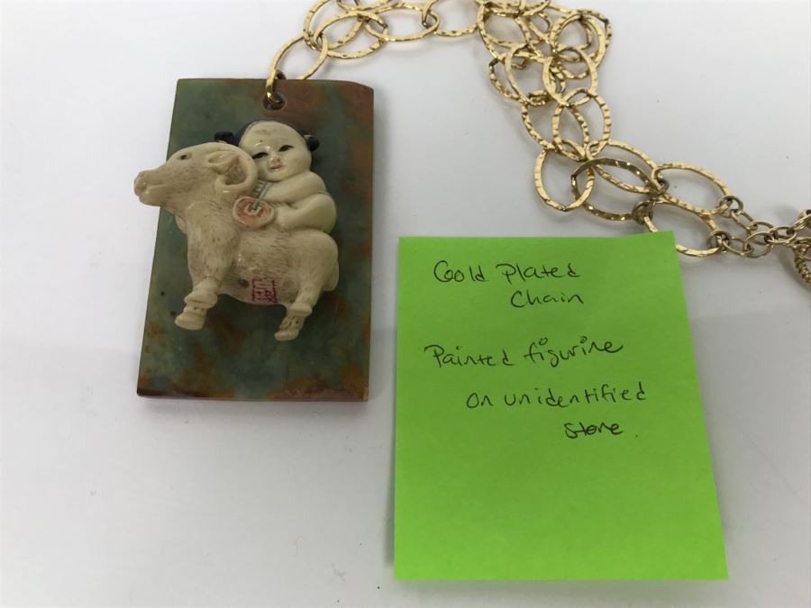 JUST ADDED - Signed Asian Painted Figure On Unidentified Stone With Gold Plated Chain [Photo 11]