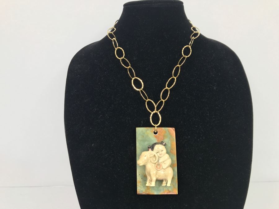 JUST ADDED - Signed Asian Painted Figure On Unidentified Stone With Gold Plated Chain [Photo 2]