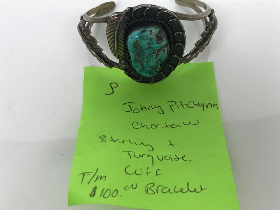 JUST ADDED - Sterling Silver Johny Pitchlynn Choctaw Turquoise Cuff Bracelet 33.5g FMV $100 [Photo 9]