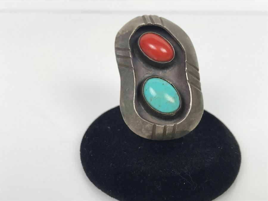 JUST ADDED - Sterling Silver Ring With Turquoise And Coral Signed Jane Yikaazba Popovitch Navajo FMV $100 [Photo 2]