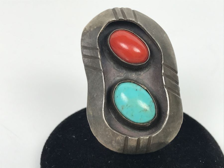 JUST ADDED - Sterling Silver Ring With Turquoise And Coral Signed Jane Yikaazba Popovitch Navajo FMV $100 [Photo 1]