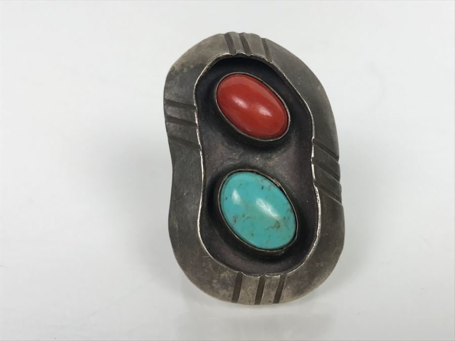 JUST ADDED - Sterling Silver Ring With Turquoise And Coral Signed Jane Yikaazba Popovitch Navajo FMV $100 [Photo 6]