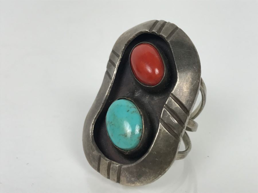 JUST ADDED - Sterling Silver Ring With Turquoise And Coral Signed Jane Yikaazba Popovitch Navajo FMV $100 [Photo 12]