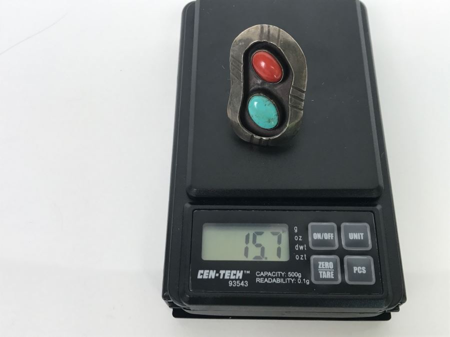 JUST ADDED - Sterling Silver Ring With Turquoise And Coral Signed Jane Yikaazba Popovitch Navajo FMV $100 [Photo 16]