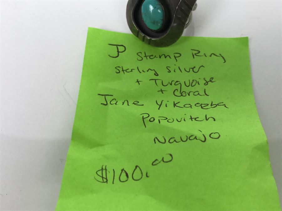 JUST ADDED - Sterling Silver Ring With Turquoise And Coral Signed Jane Yikaazba Popovitch Navajo FMV $100 [Photo 15]