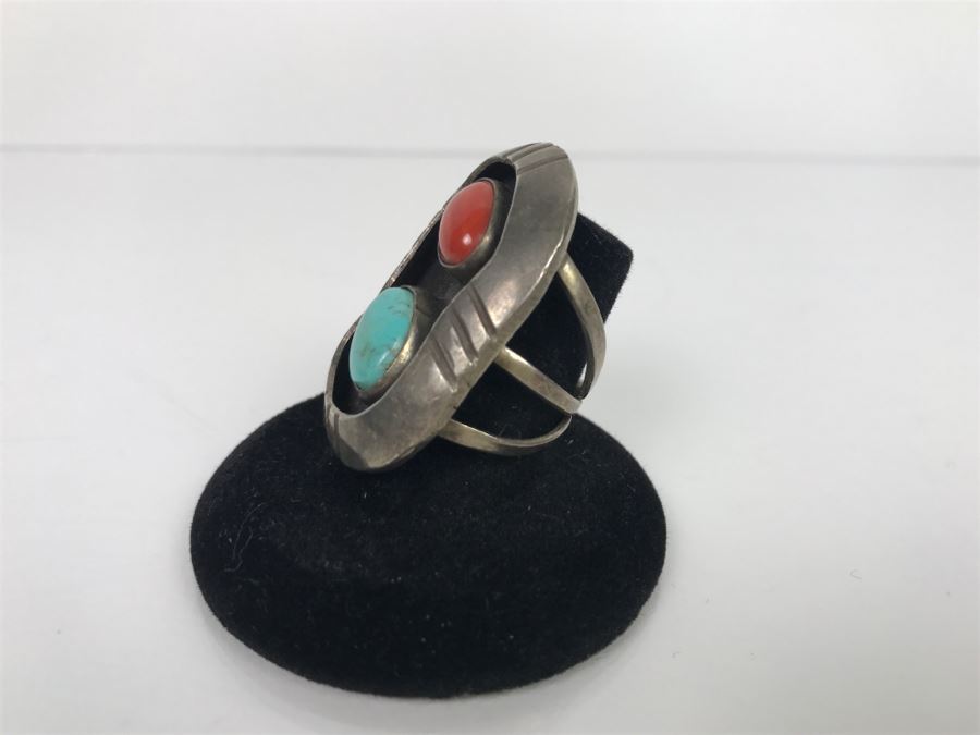 JUST ADDED - Sterling Silver Ring With Turquoise And Coral Signed Jane Yikaazba Popovitch Navajo FMV $100 [Photo 5]