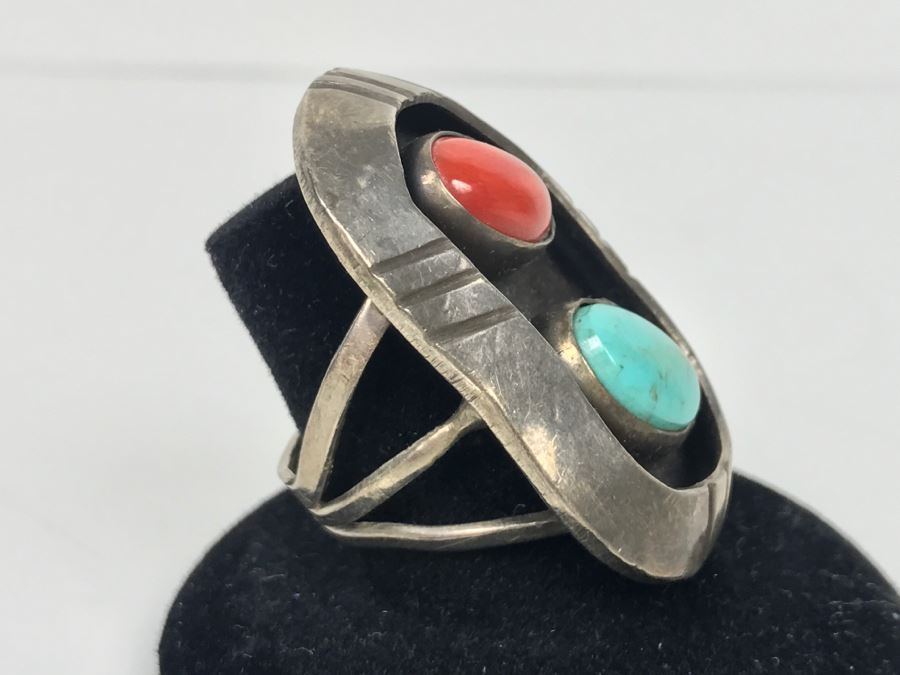 JUST ADDED - Sterling Silver Ring With Turquoise And Coral Signed Jane Yikaazba Popovitch Navajo FMV $100 [Photo 3]