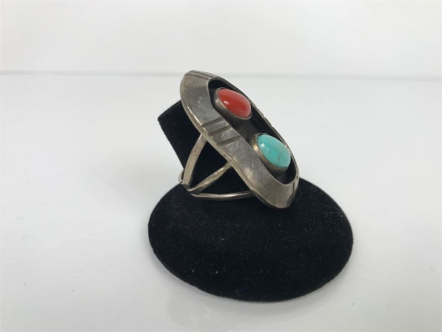 JUST ADDED - Sterling Silver Ring With Turquoise And Coral Signed Jane Yikaazba Popovitch Navajo FMV $100 [Photo 4]