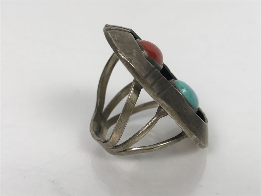 JUST ADDED - Sterling Silver Ring With Turquoise And Coral Signed Jane Yikaazba Popovitch Navajo FMV $100 [Photo 9]