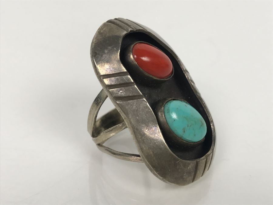 JUST ADDED - Sterling Silver Ring With Turquoise And Coral Signed Jane Yikaazba Popovitch Navajo FMV $100 [Photo 8]
