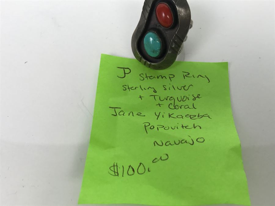 JUST ADDED - Sterling Silver Ring With Turquoise And Coral Signed Jane Yikaazba Popovitch Navajo FMV $100 [Photo 14]
